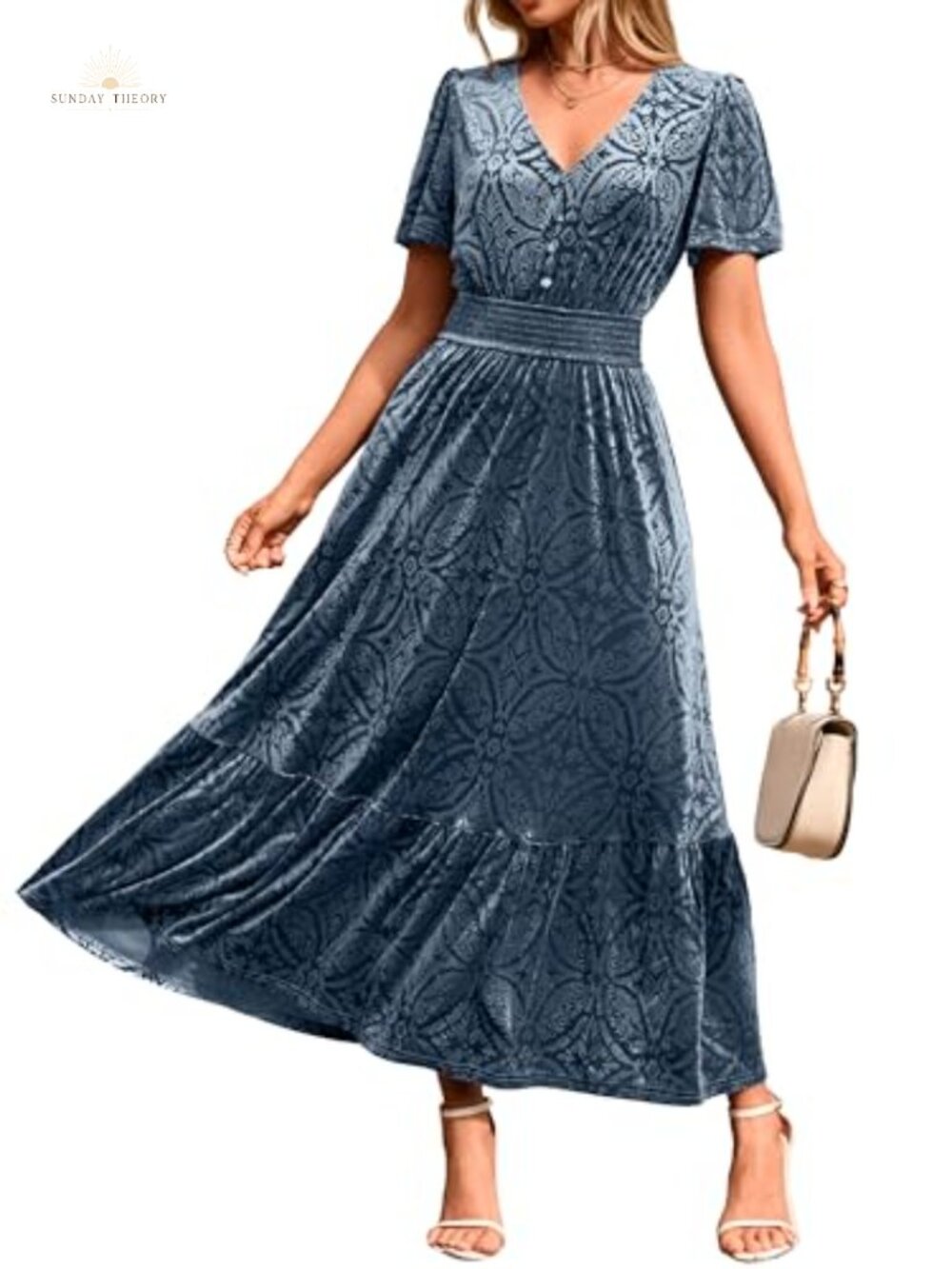 Simplee Women's Velvet Floral Maxi Dress Short Sleeve V-Neck Formal Wedding